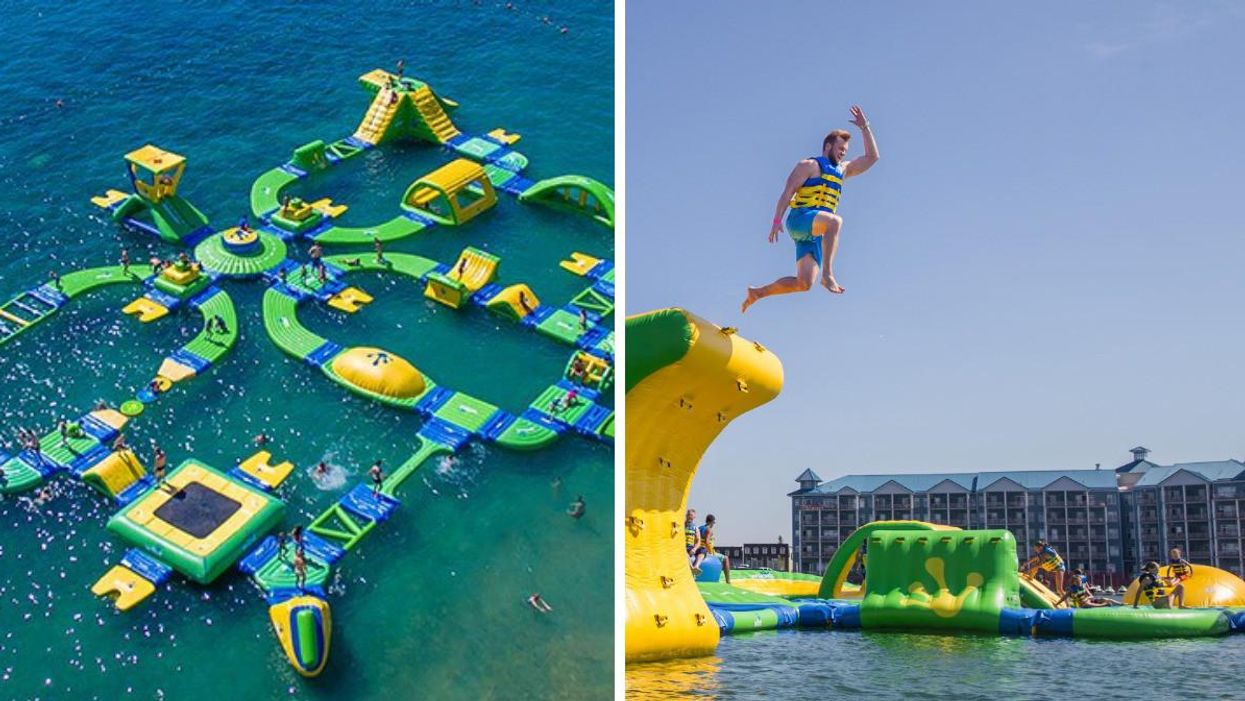 An inflatable water park. Right: Someone jumping at Sylvan Lake Aqua Splash.