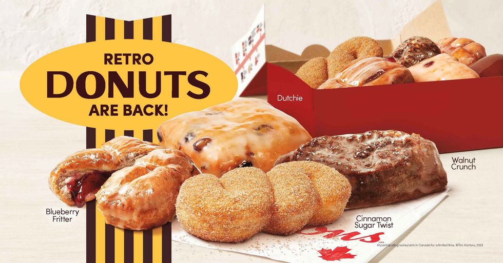 An infographic of the Dutchie, Blueberry Fritter, Cinnamon Sugar Twist and Walnut Crunch returning to Tim Hortons.