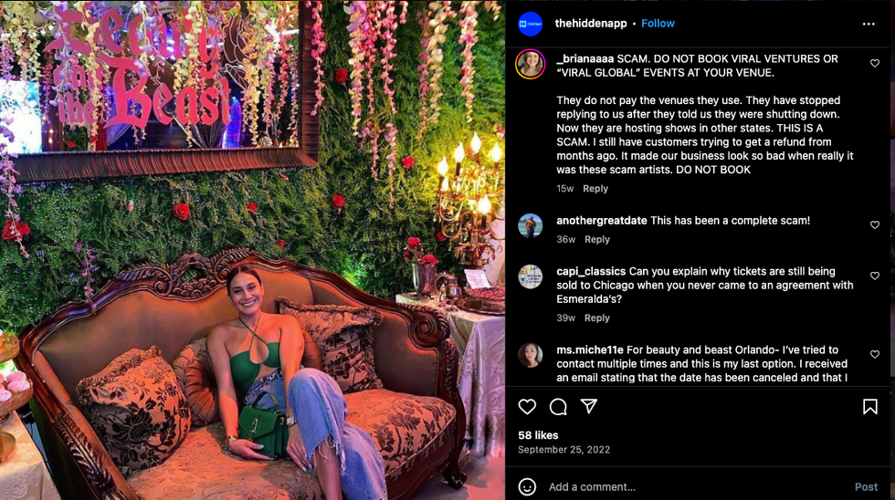 An Instagram photo of a young woman sitting on a couch smiling, alongside several social media complaints.