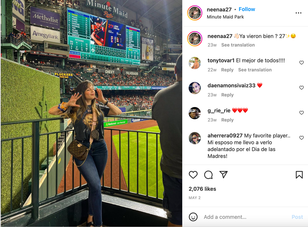 An Instagram post of Nina Altuve at the Minute Maid Park in Houston, TX.