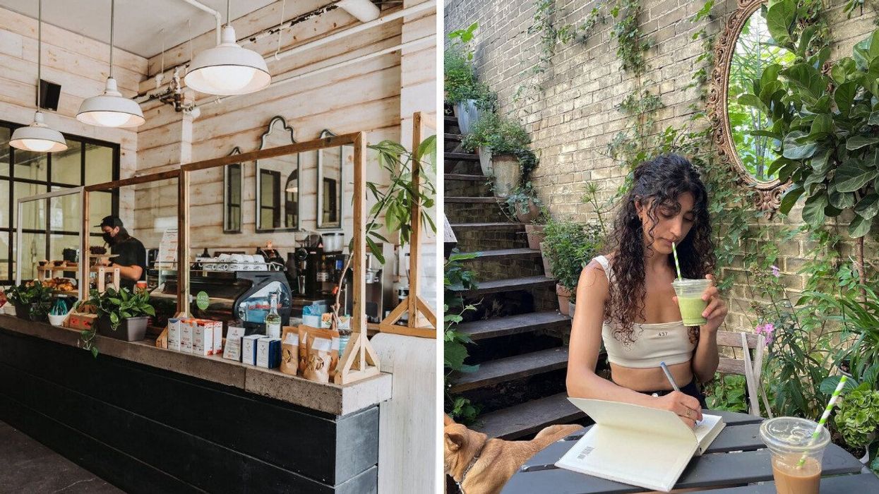 An interior of a cafe. Right: A person sitting on a patio with a coffee.
