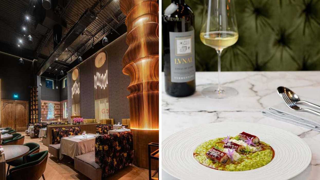 An interior of a restaurant. Right: Food at a restaurant.