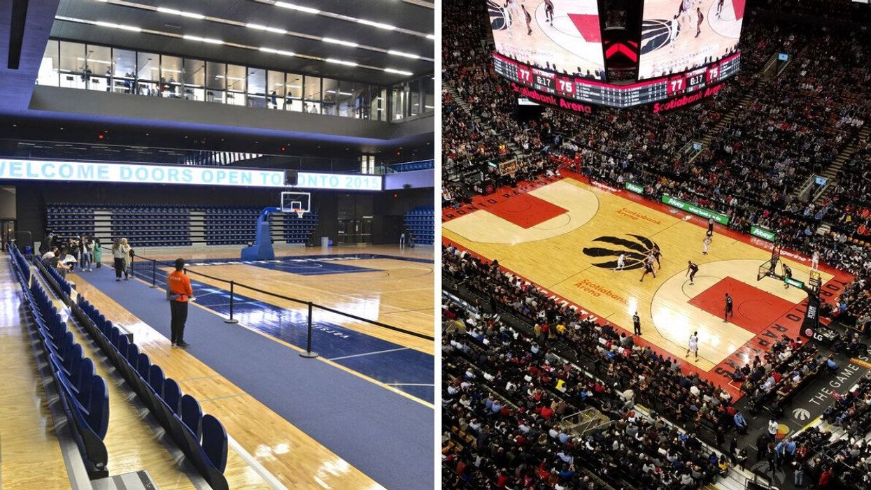 An interior of a sports arena in Toronto. Right: The Toronto Raptors at Scotiabank Arena