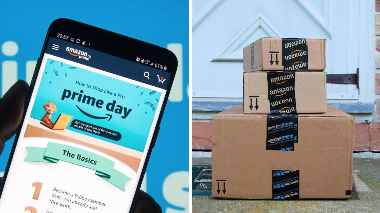 An iPhone displaying Prime Day deals. Right: Amazon packages on a doorstep.