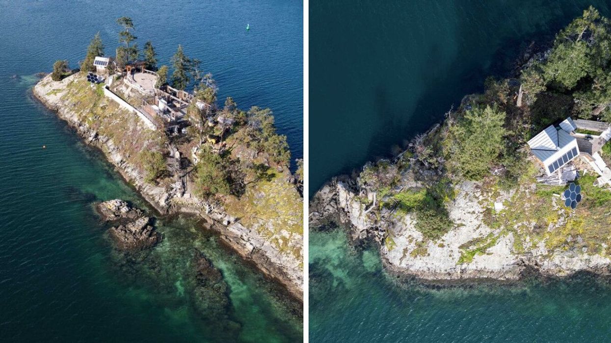 An island. Right: A view of an island.