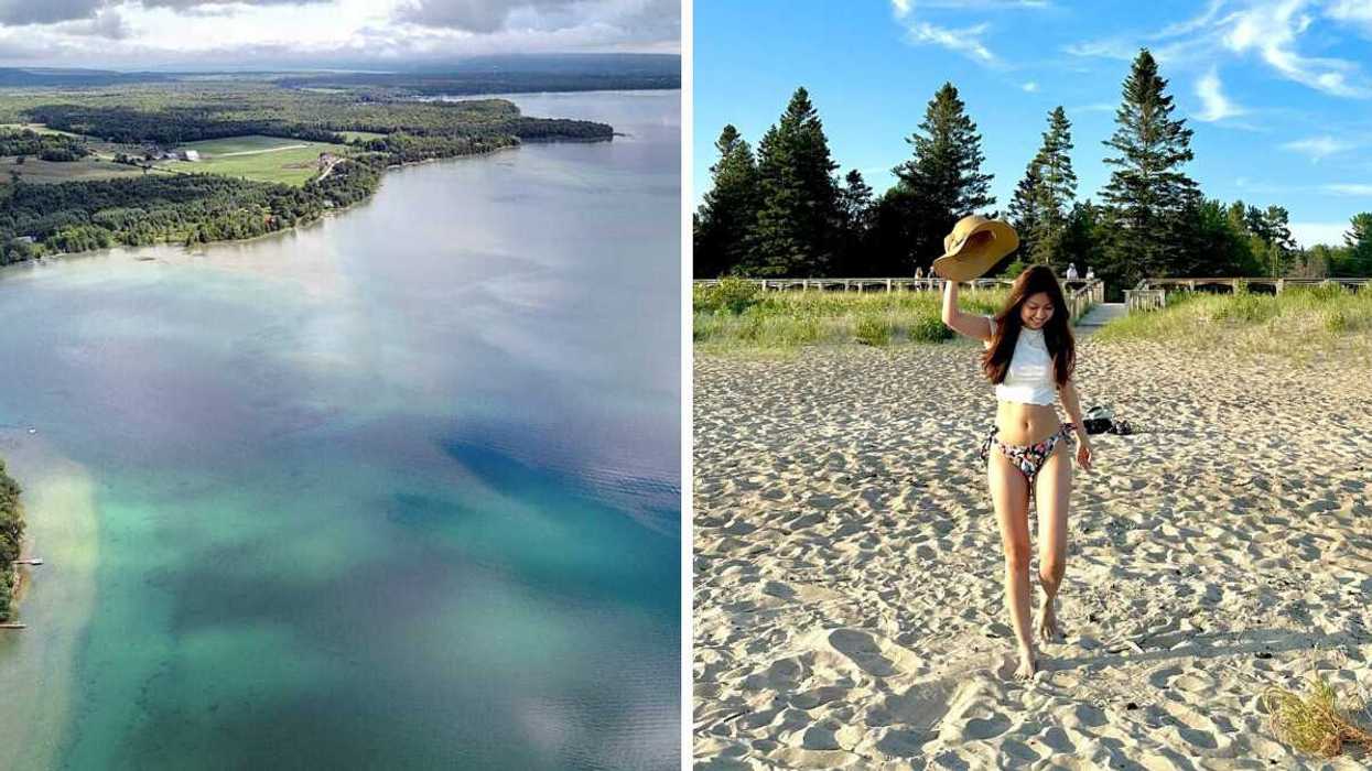 An island surrounded by turquoise water. Right: A person on a beach.