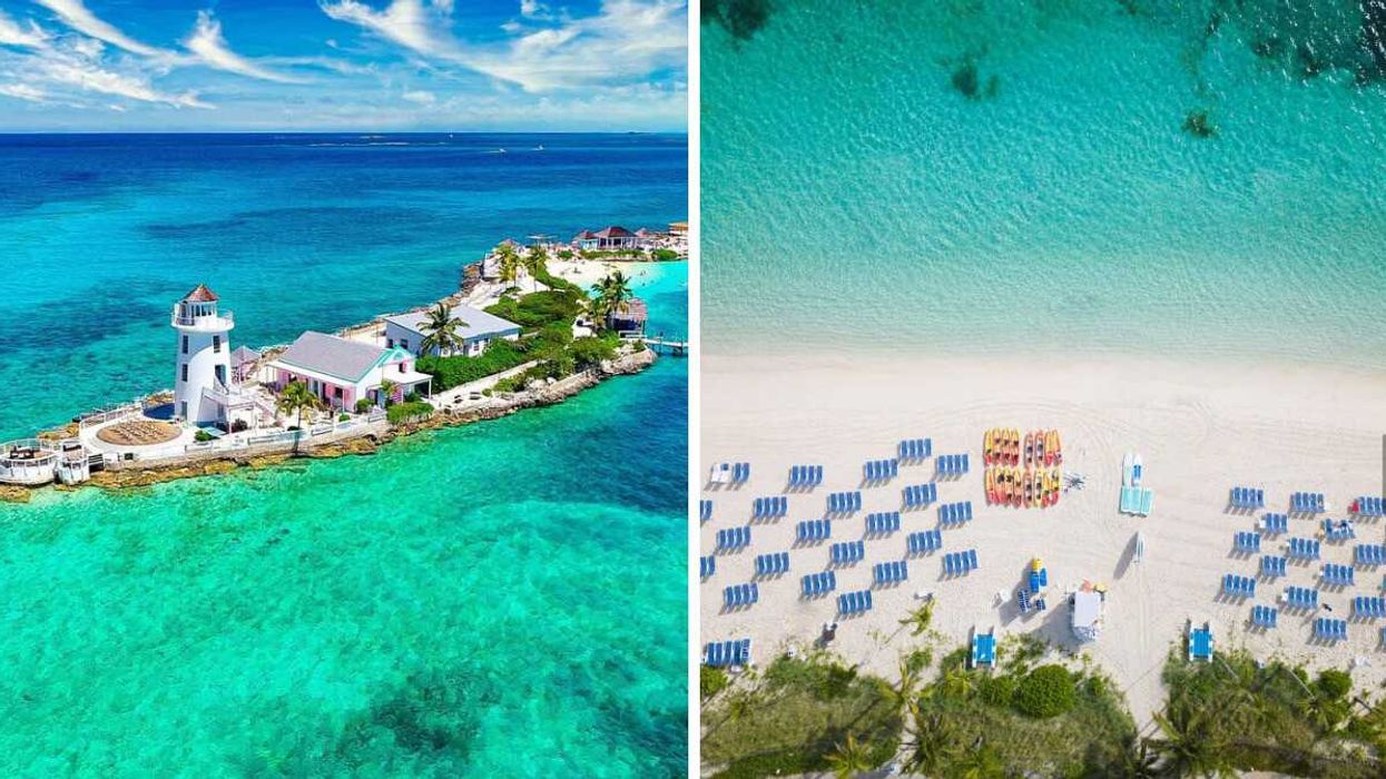 An island surrounded by turquoise waters. Right: A white sand beach.