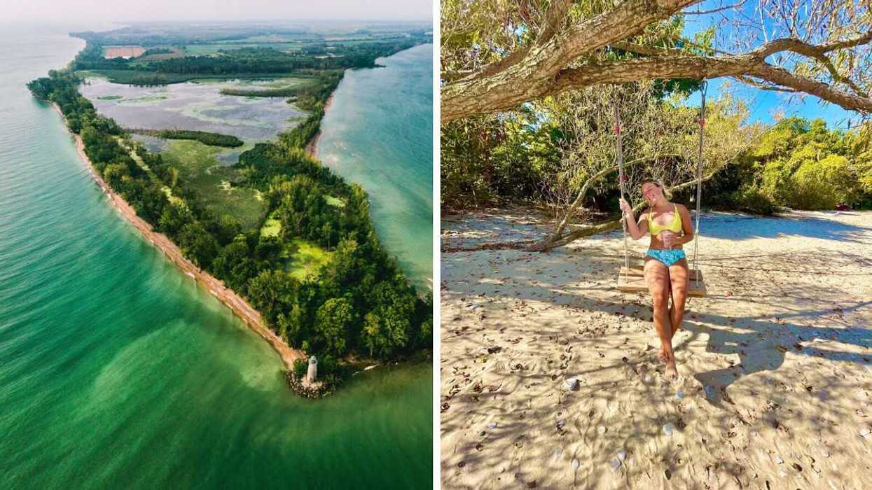 An island with turquoise water. Right: A person sitting on a swing.
