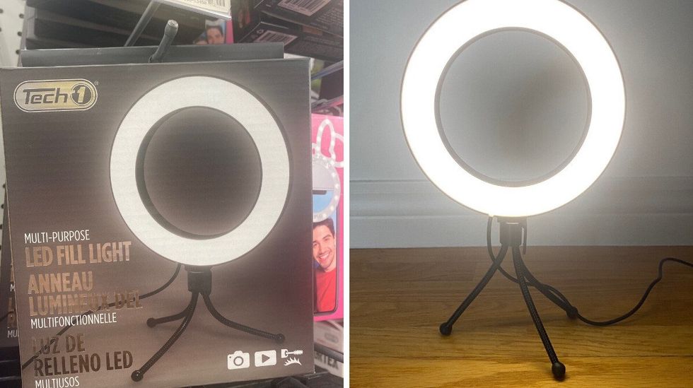 An items hanging on a store shelf. Right: A circle ring light.