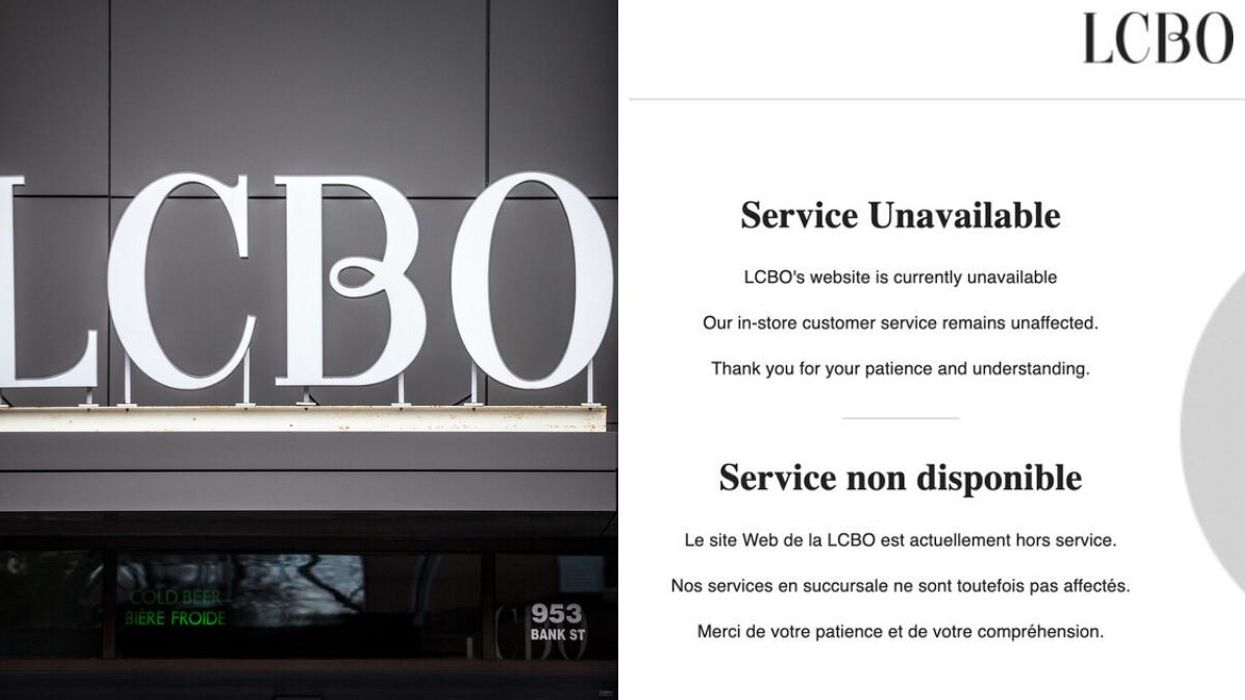 An LCBO storefront in Ottawa, Ontario. Right: The LCBO's website on January 11, 2023.