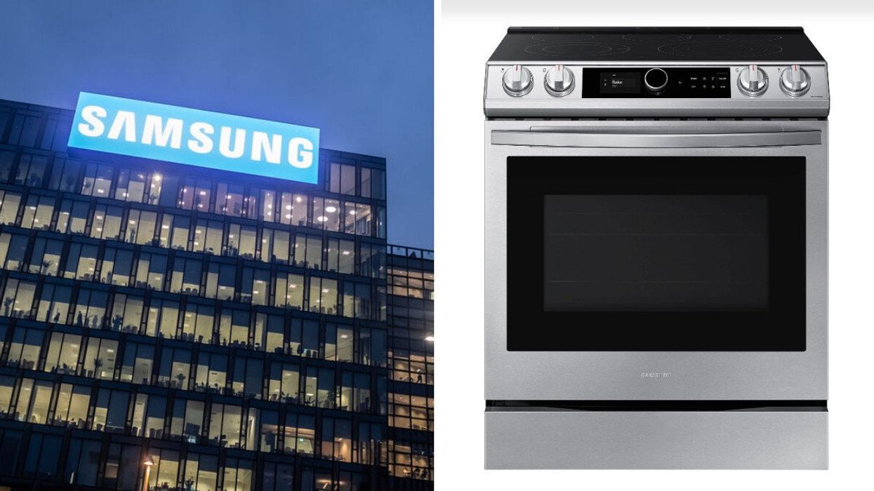 An office building with a lit sign reading "SAMSUNG." Right: An electric slide-in range with front-mounted control knobs.
