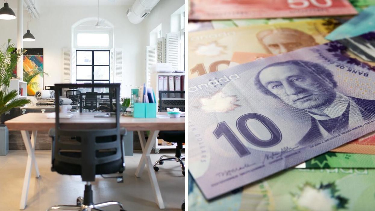 An office. Right: Canadian dollars.