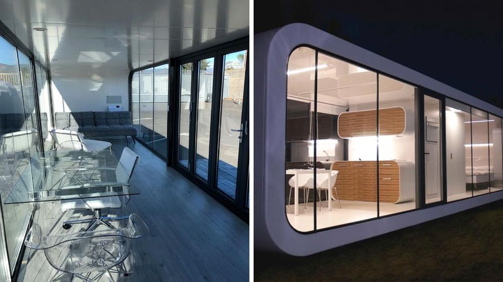 An office setup inside one of the tiny homes. Right: A view of one of the minimalistic homes at night.