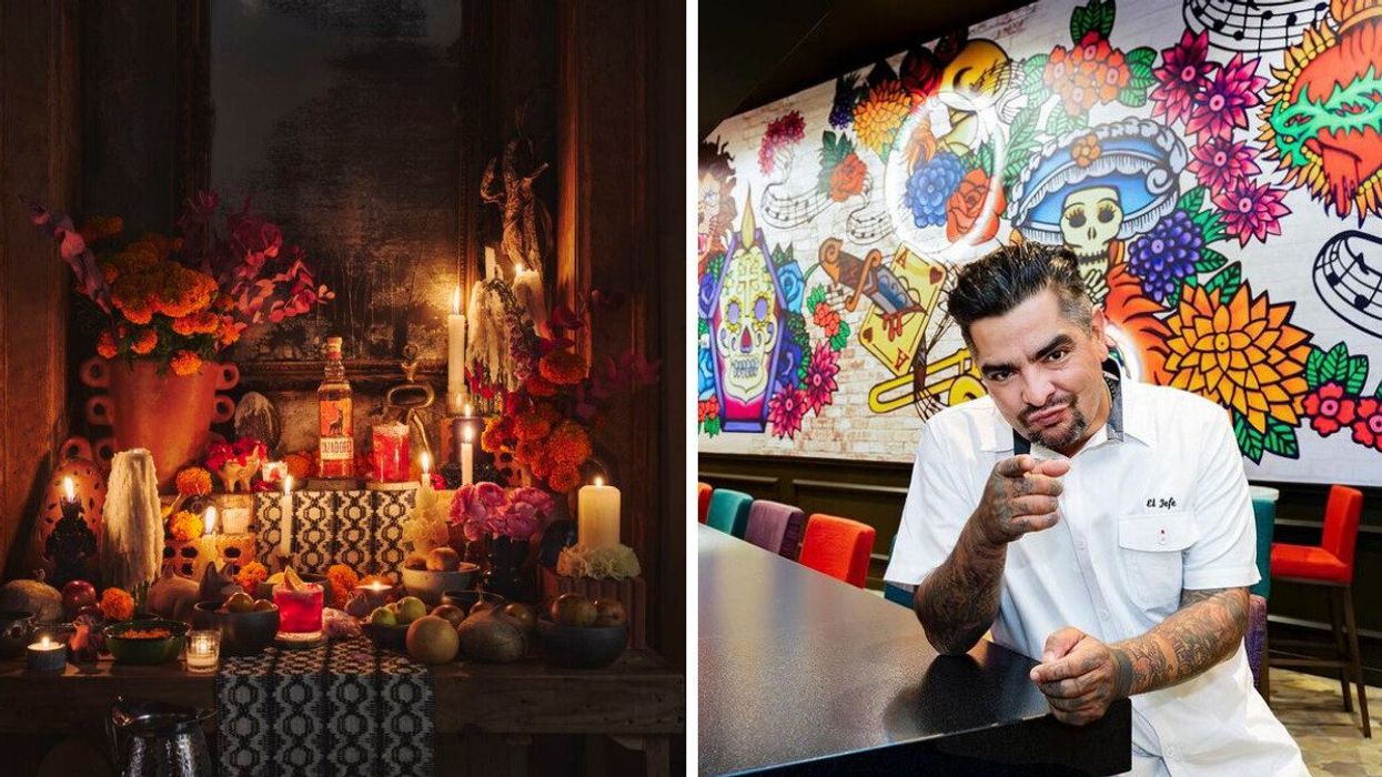 An ofrenda featuring a bottle of Tequila CAZADORES. Right: Chef Aarón Sánchez.