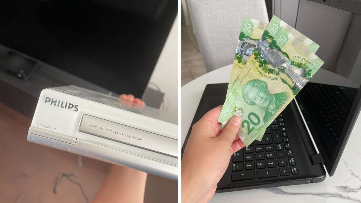 An old DVD player. Right: $20 bills in front of an old laptop.