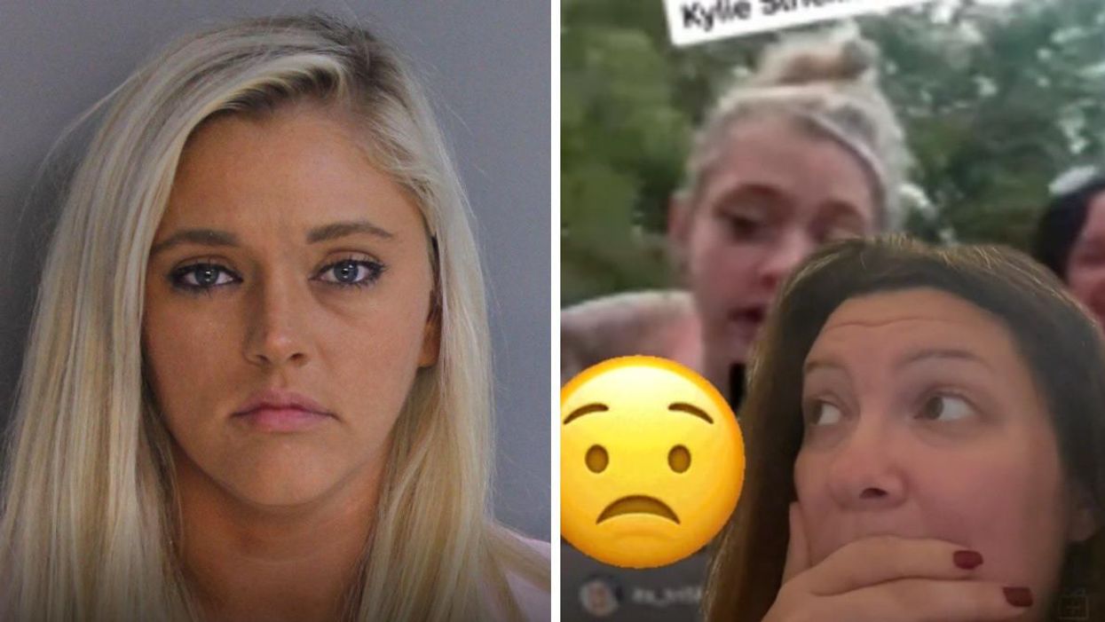 An old mugshot of Kylie Strickland. Right: A woman reacts to the video of Kylie Strickland in the pool.