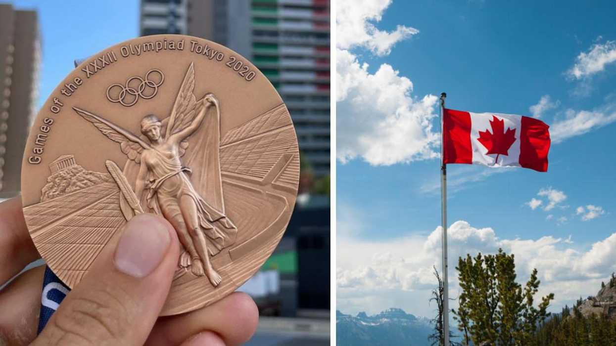An Olympic medal from Tokyo 2020. Right: The Canadian flag blows in the wind.