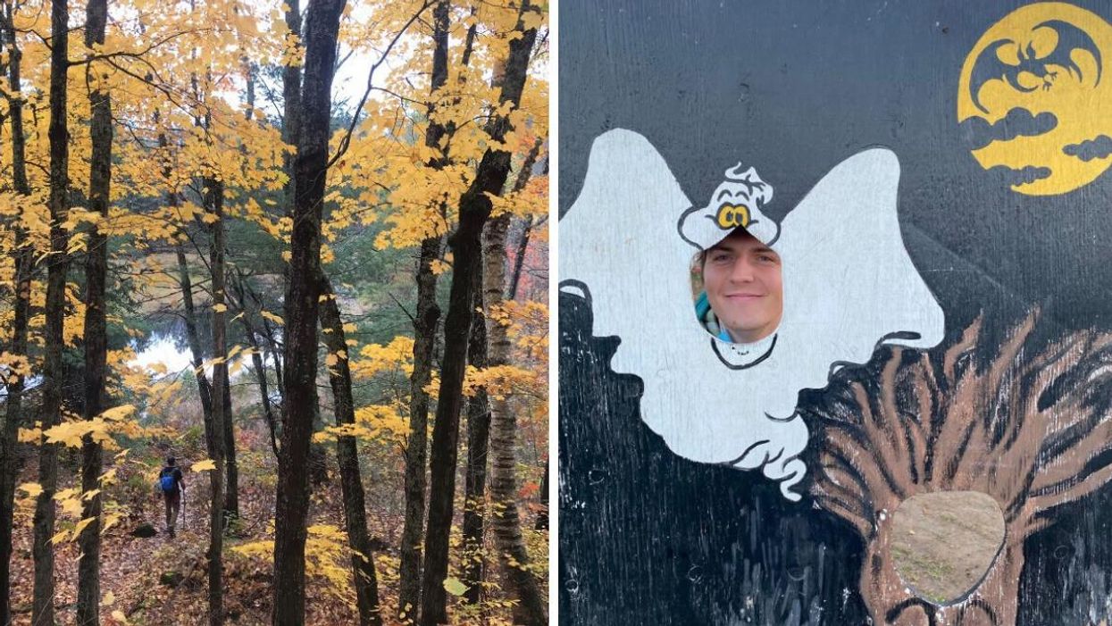 An Ontarian forest in fall. Right: Tristan Wheeler in a ghost face hole.
