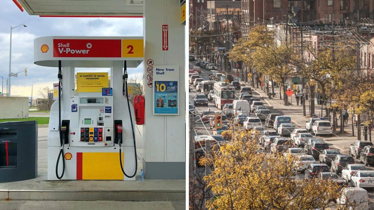 An Ontario gas station. Right: A traffic jam in Toronto.