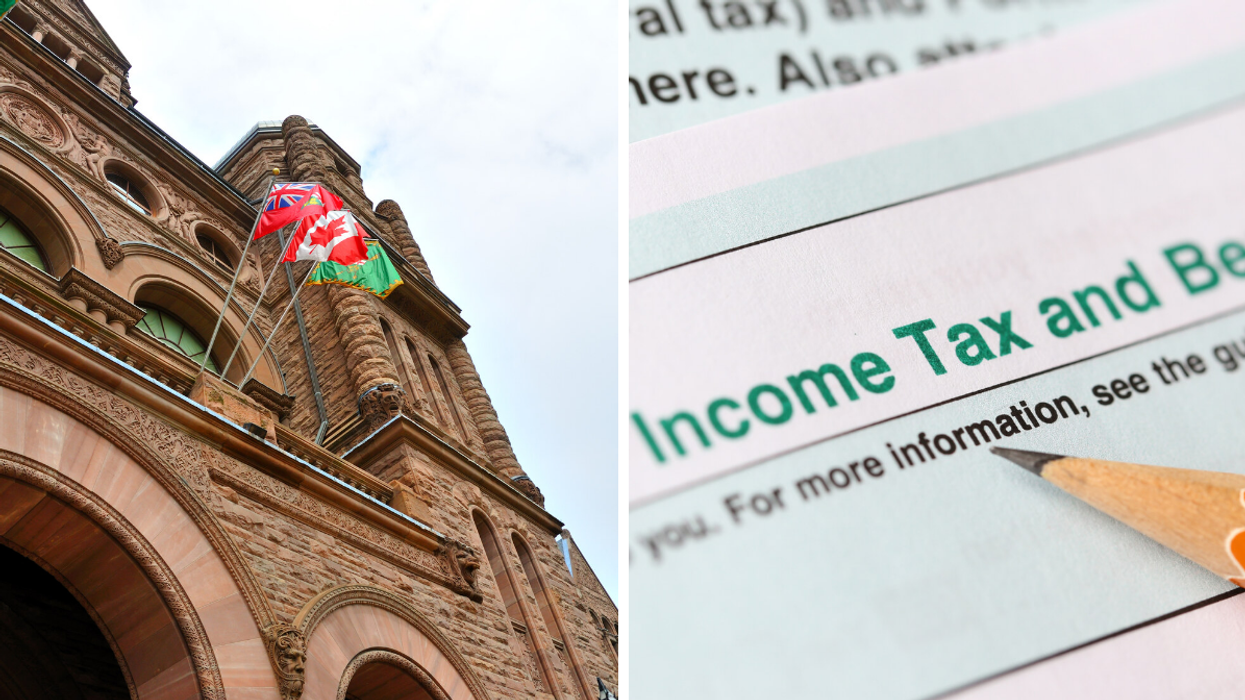 An Ontario legislature building. Right: A close-up shot of Canada's Income Tax and Benefits form.