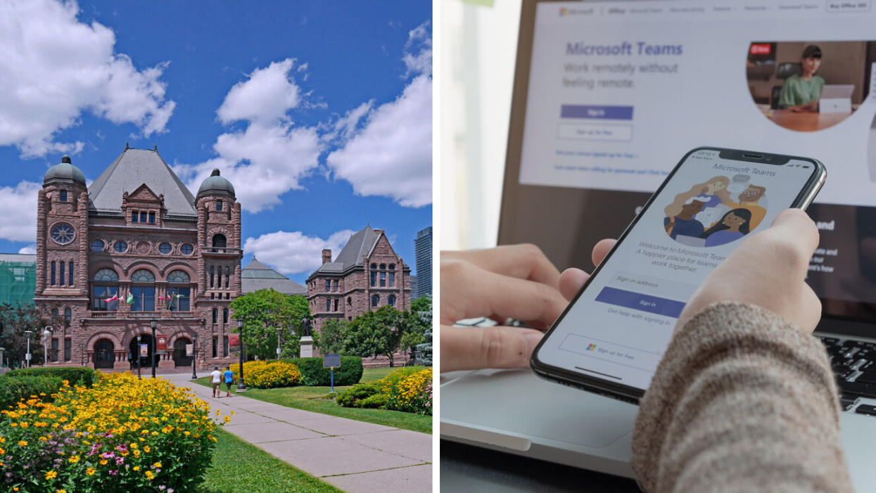 An Ontario legislature building. Right: Someone signing on to a workplace messaging app on their phone.