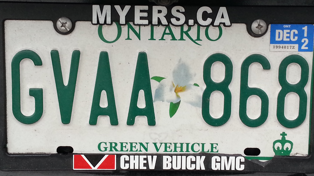 An Ontario licence plate with a sticker from 2012.