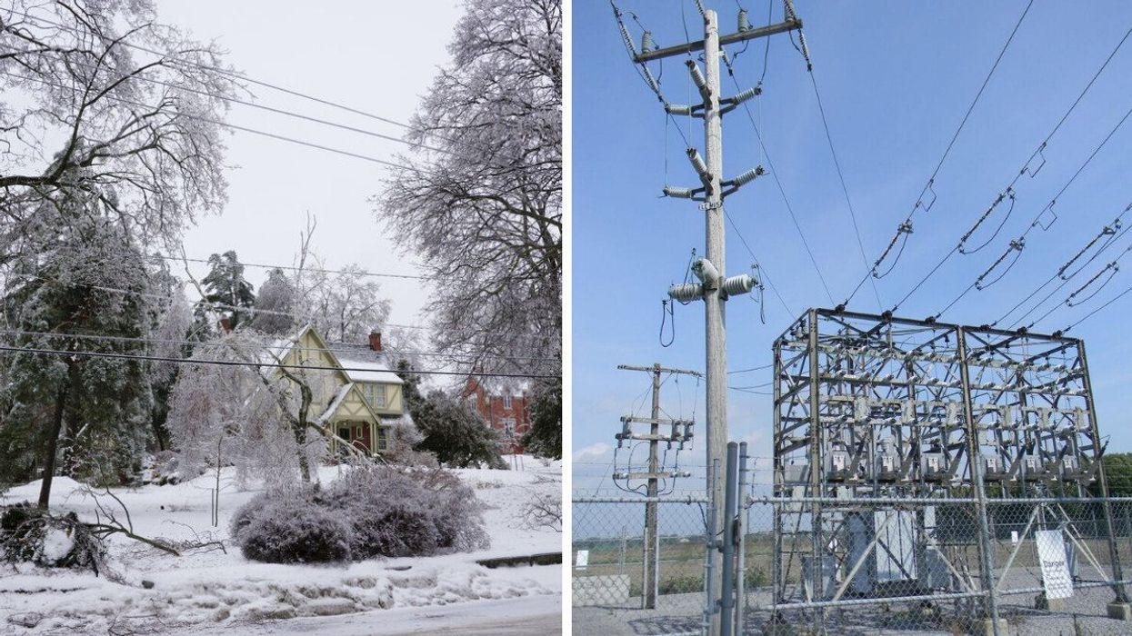 An Ontario street after an ice storm. Right: A power station in Kingston.