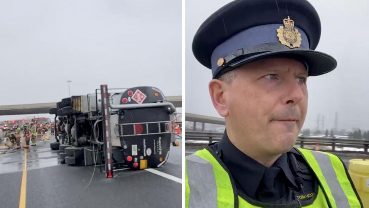 An Ontario Transport Truck Is Leaking Diesel All Over Highway 427 Near Pearson (VIDEO)