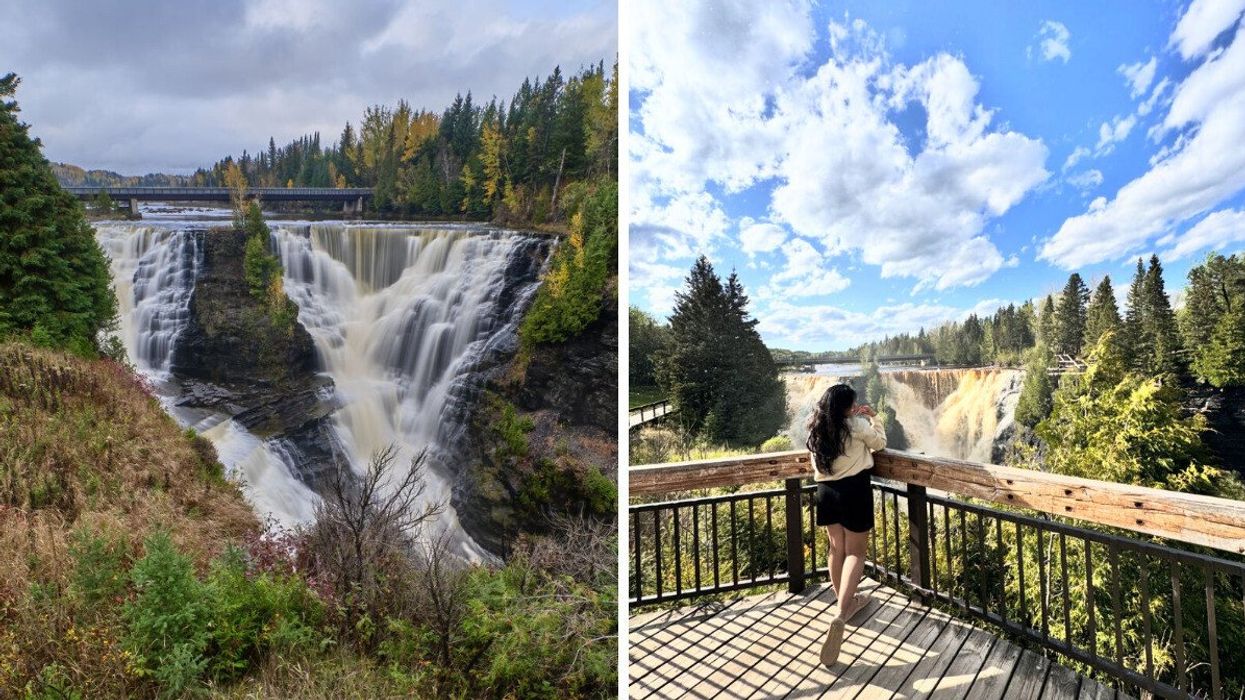 An Ontario waterfall. A person looking at a waterfall.