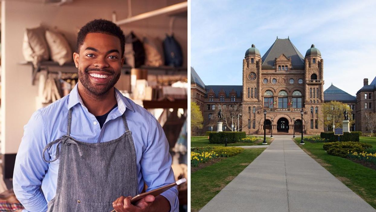 An Ontario worker. Right: Queen's Park in Toronto.