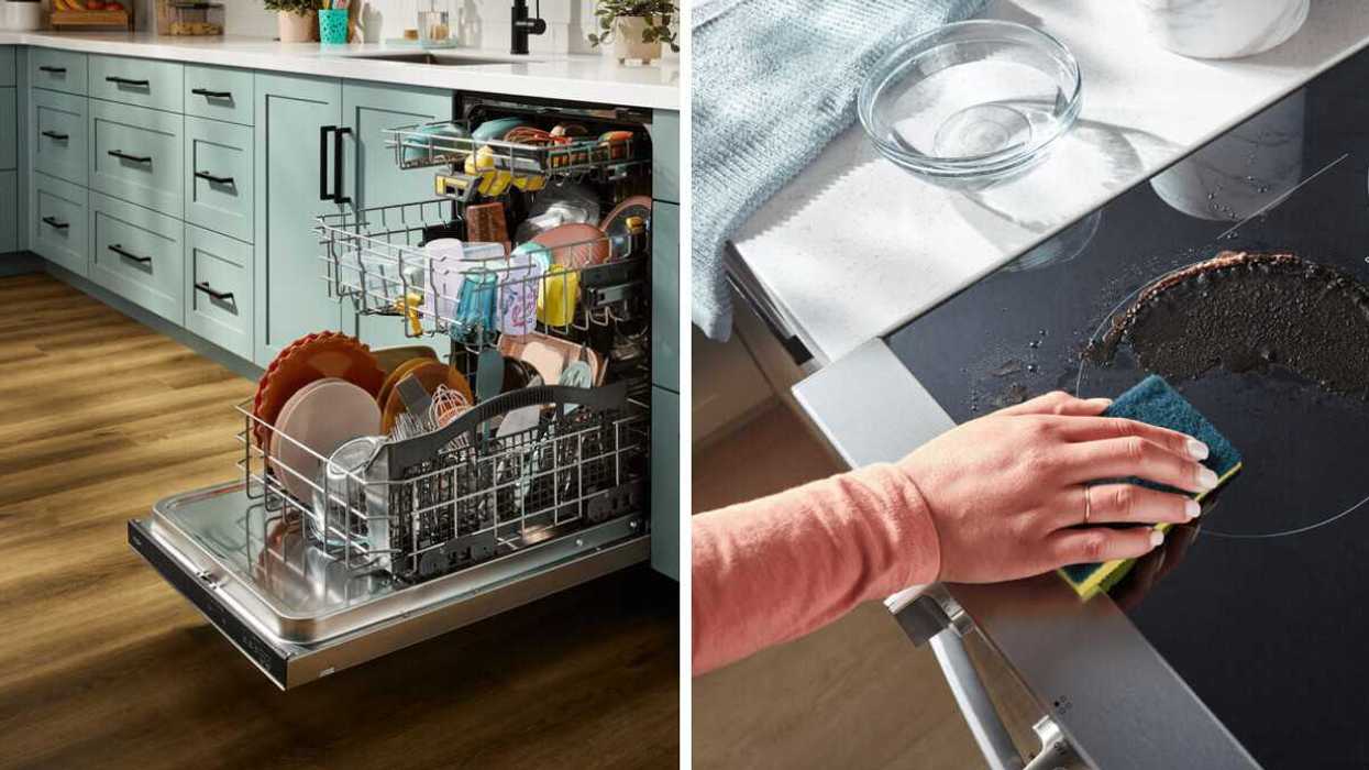 An open dishwasher filled with plates, bowls, cups, and kitchen utensils in a modern kitchen., Right: A person wiping a spill from a black glass cooktop using a sponge on a kitchen countertop.