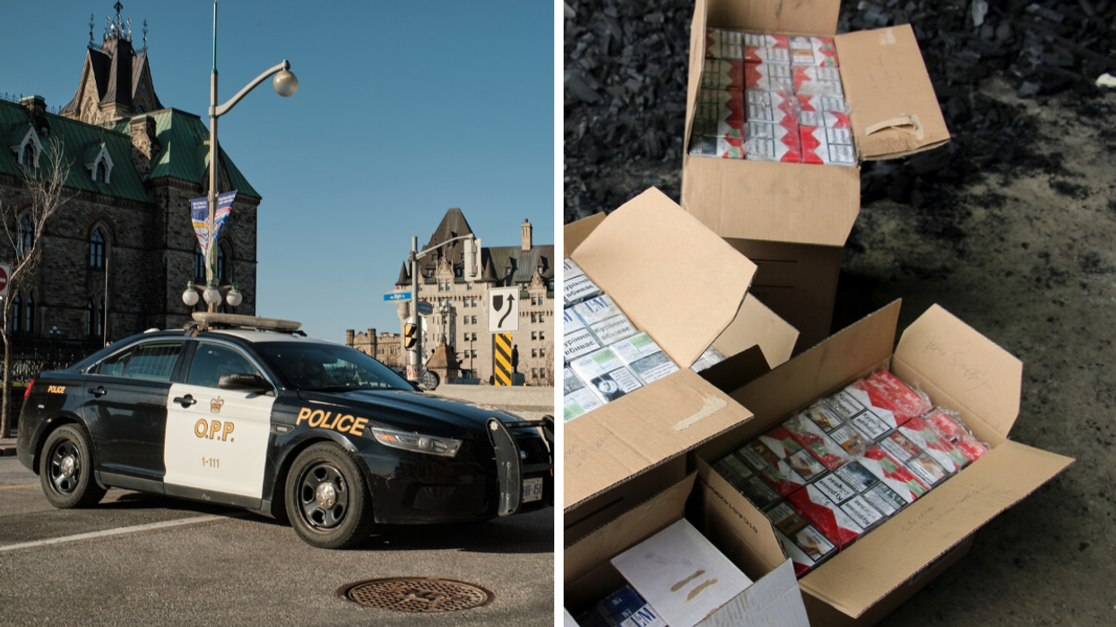An OPP cruiser in Ottawa. Right: Boxes of cigarettes.