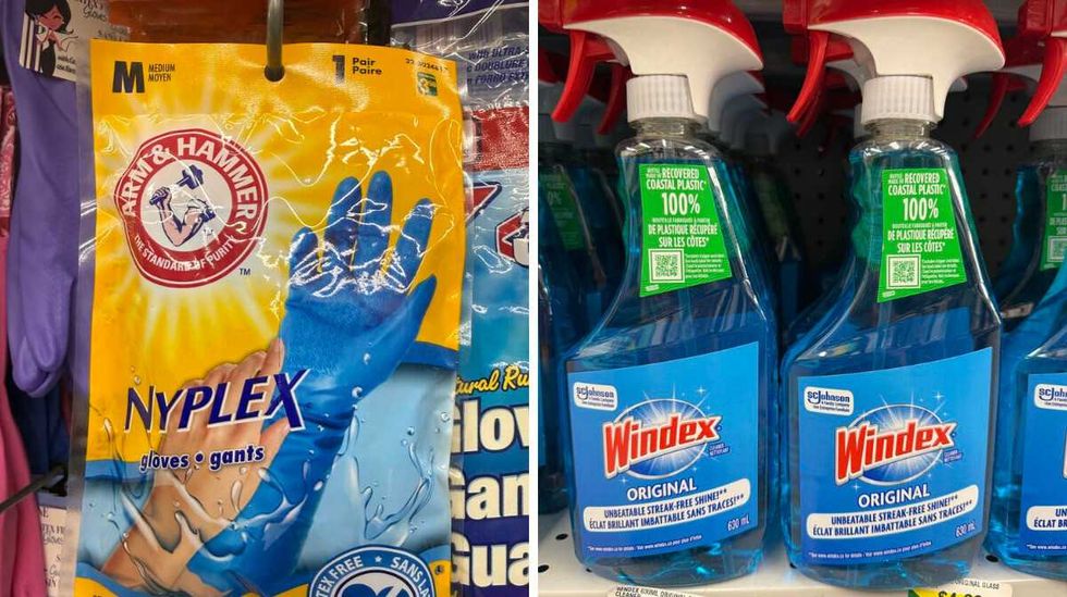 An orange bag that has a blue glove on it. Right: Bottles with blue liquid in them and a red label that reads Windex.
