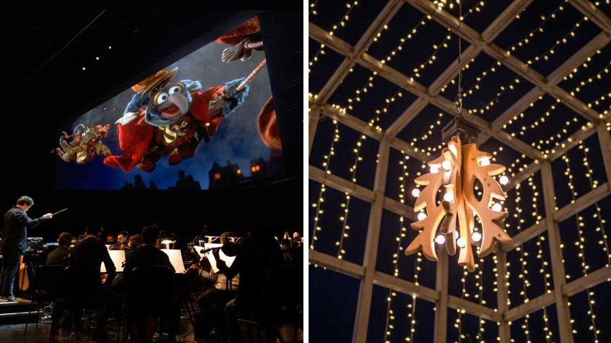 An orchestra below a screen showing 'The Muppets Christmas Carol." Right: A festive lighting fixture hangs beneath twinkle lights.