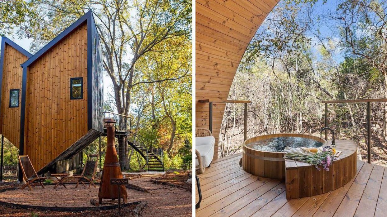 An outdoor view of the Monarch. Right: A an outdoor cedar tub in the Spyglass Treehouse.