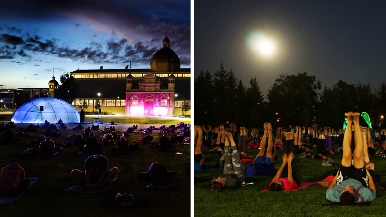 An outdoor yoga practise at Lansdowne Park under the full moon.