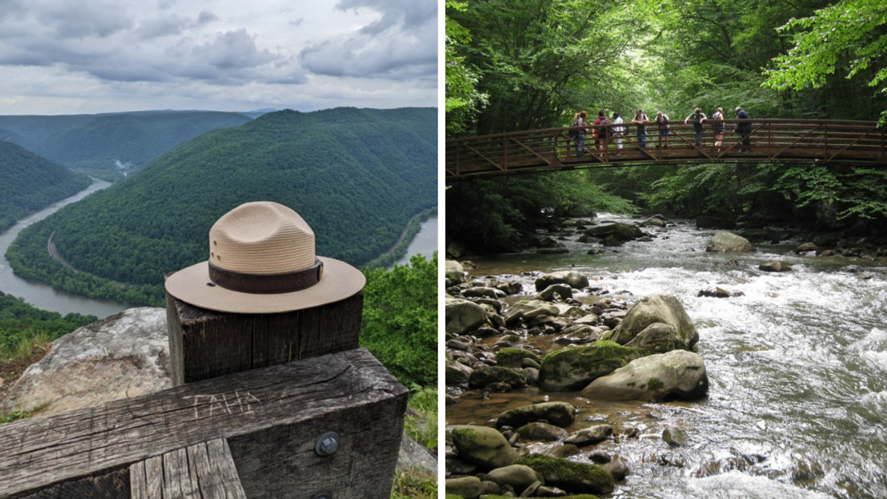 An outlook at New River Gorge National Park and Preserve. Right: People on a bridge at New River Gorge National Park and Preserve.
