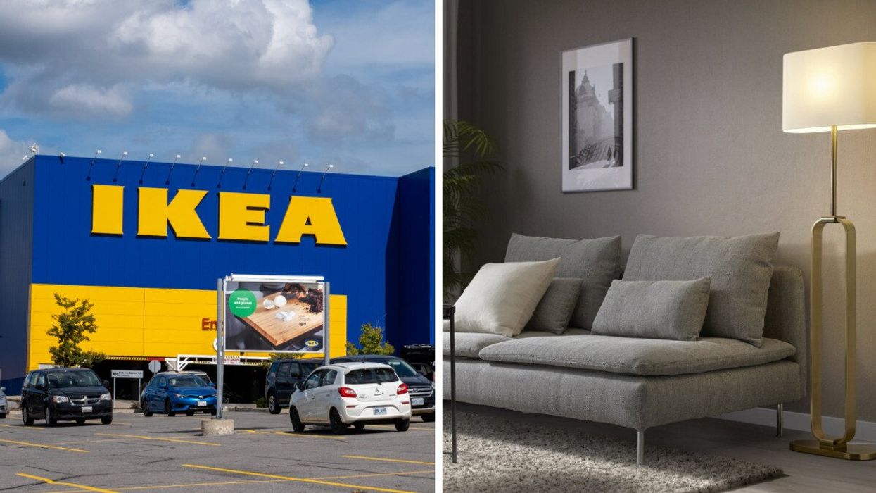 An outside of an IKEA store in Canada. Right: IKEA couch and floor lamp.
