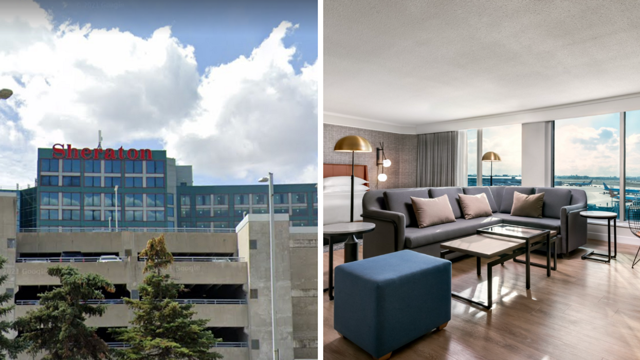 An outside shot of the Sheraton Gateway Hotel at Toronto Pearson Airport. Right: A junior suite at the renovated airport hotel.