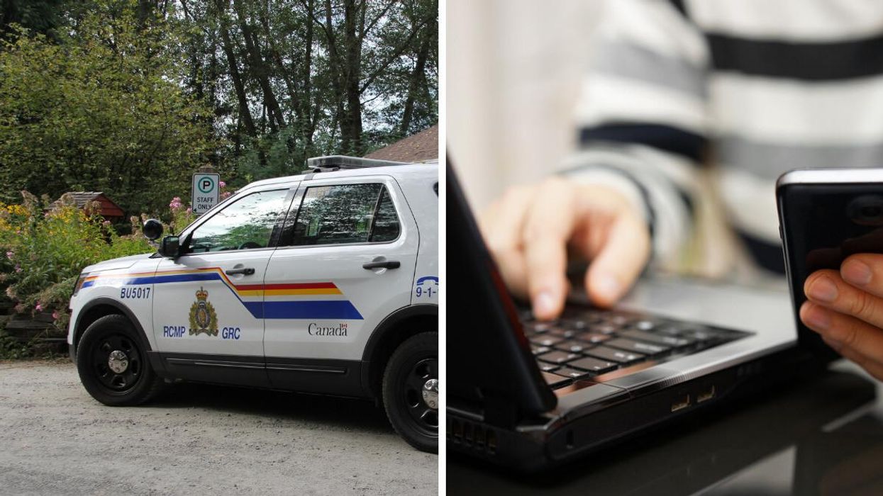 An RCMP vehicle. Right: Someone using a phone and a computer.