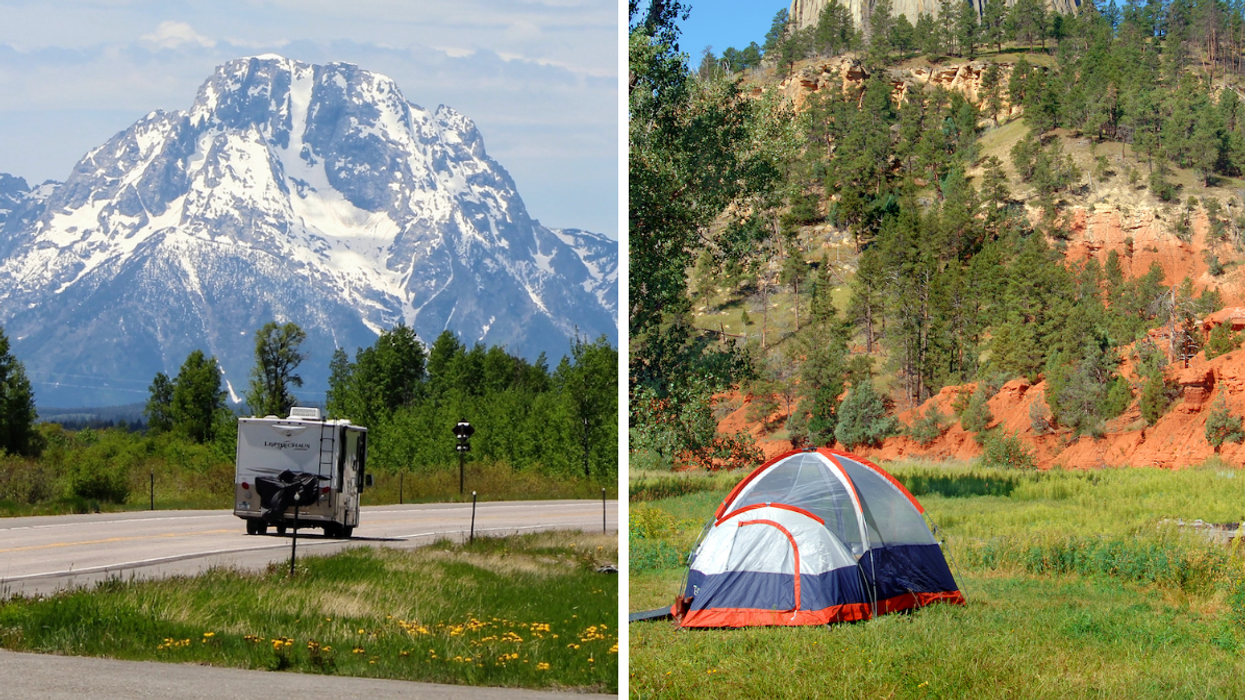 An RV driving through mountains. Right: A tent in a grassy field.