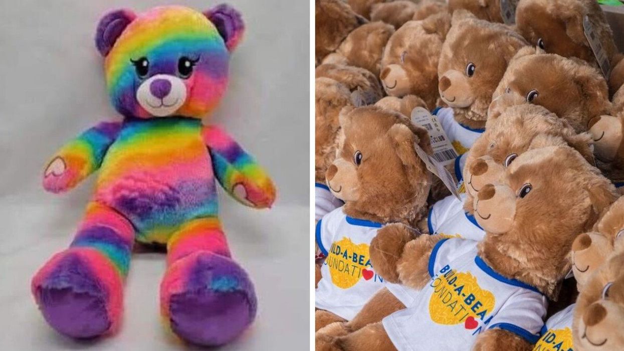 An tie-dyed teddy bear similar to the one mistakenly donated. Right: Teddy bears from Build-A-Bear.
