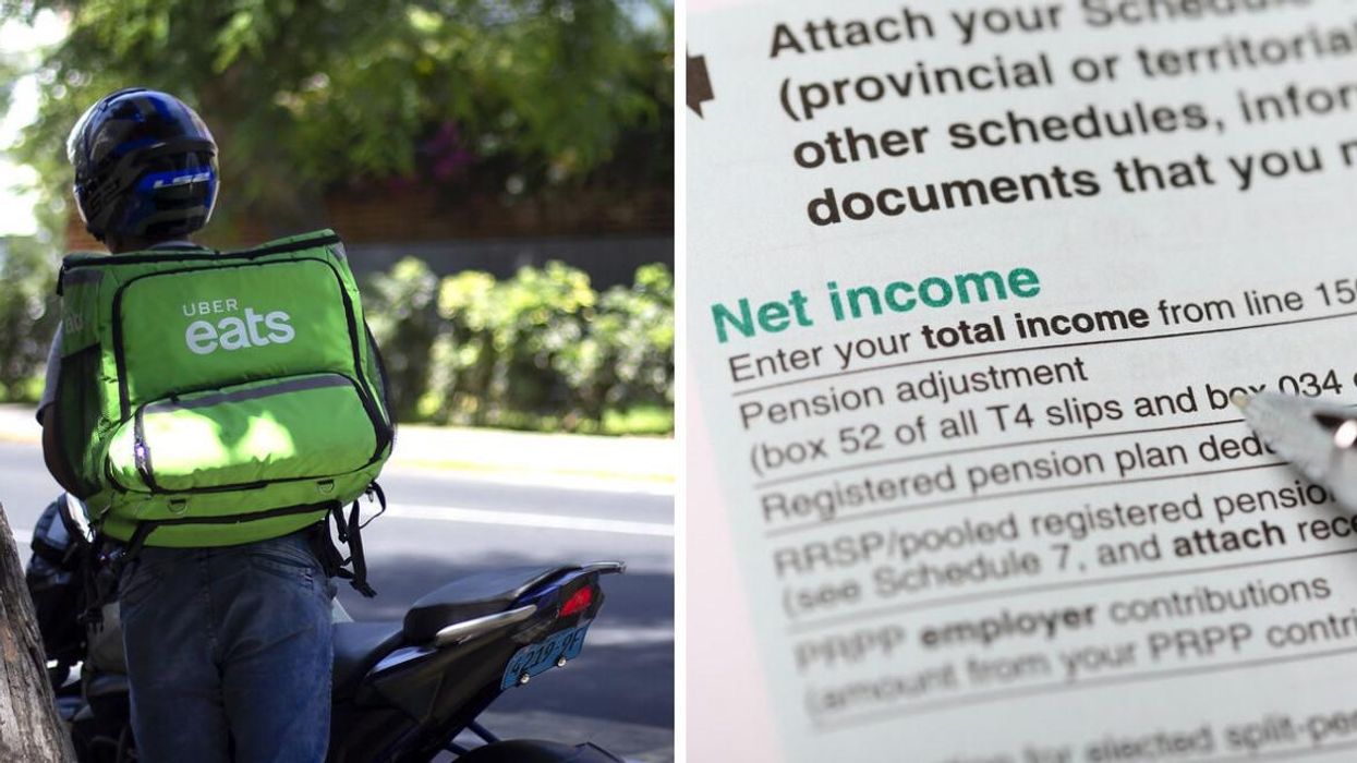 An Uber Eats Delivery Driver. Right: A Canadian Tax Form.