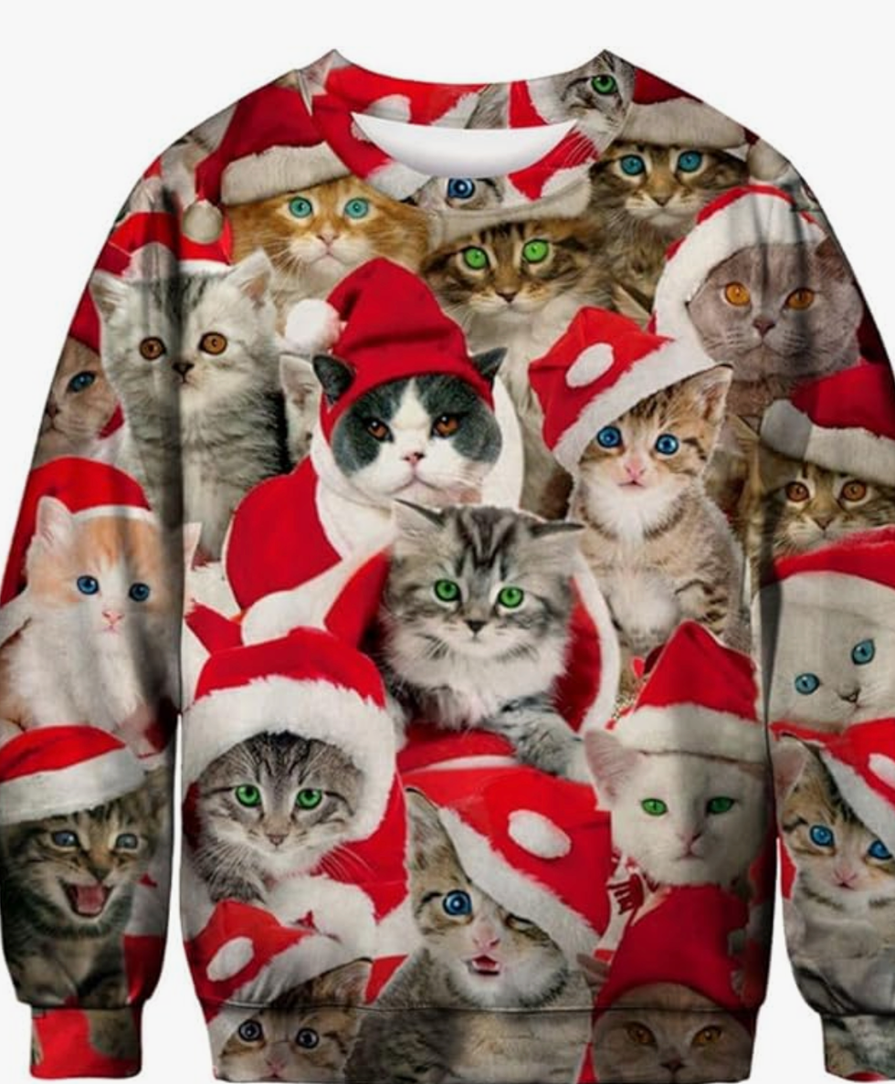 An ugly Christmas sweater with a lot of cats wearing Santa hats on it.
