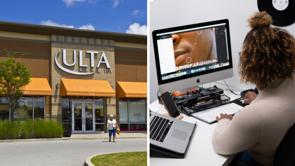 An ULTA Beauty store. Right: A woman working on a computer.