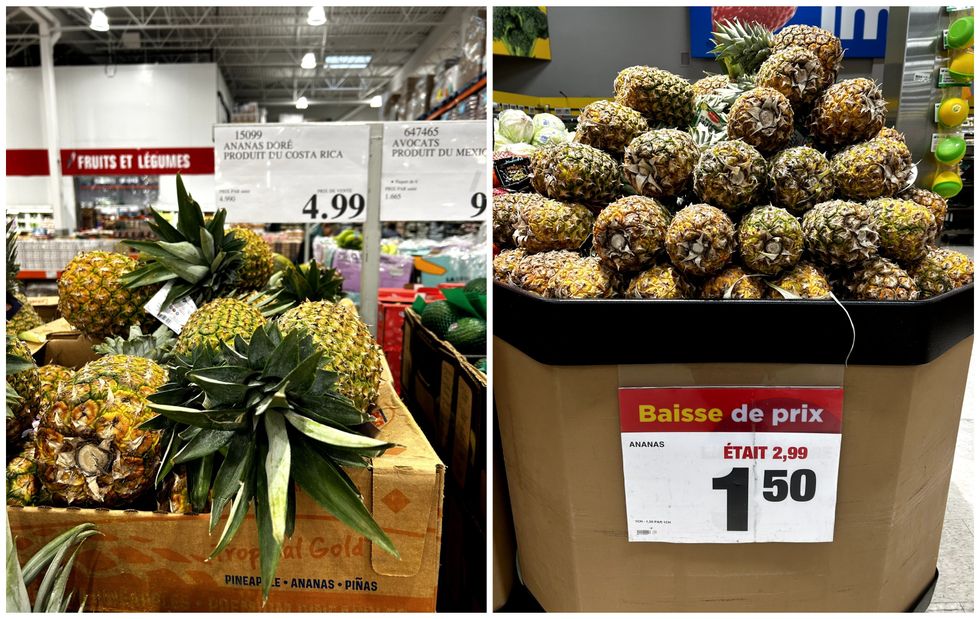 Ananas en vente au Costco. Droite : Ananas en vente au Maxi.