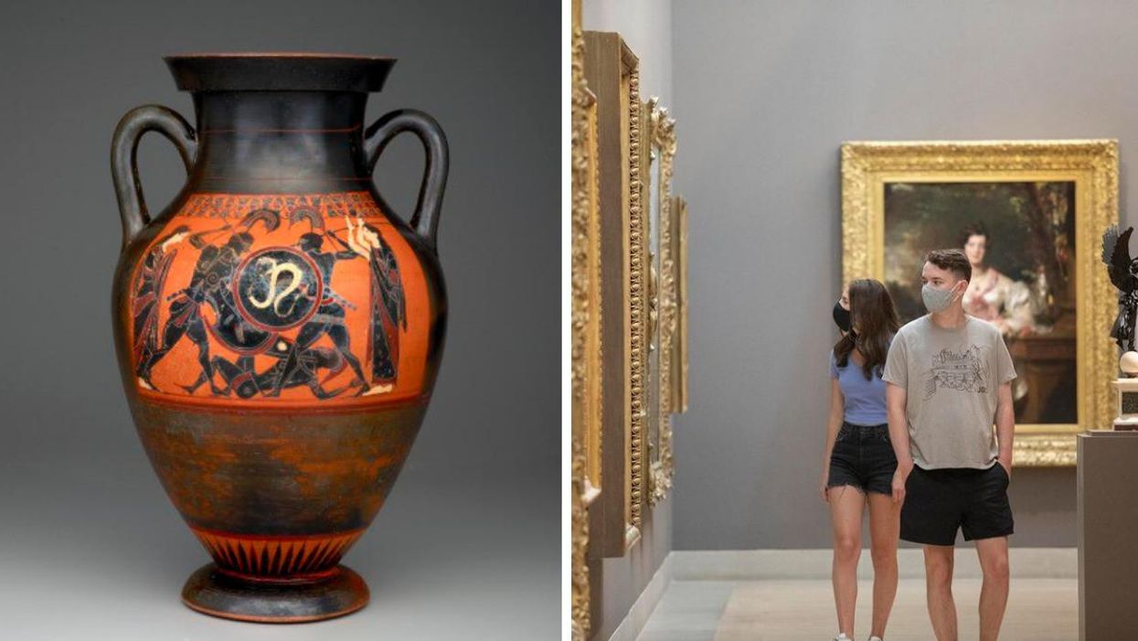 Ancient greek artifact from the Museum. Right: A couple taking a stroll around the Dallas Museum of Art.
