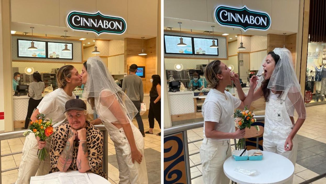 Andi Larocca and Kate Palumbo getting married at a Cinnabon in Dufferin Mall.