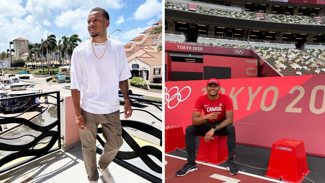 Andre De Grasse. Right: Andre De Grasse at the 2020 Tokyo Olympics.