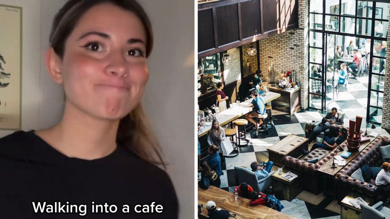 Andrea Celeste in her viral TikTok clip about customer service in the U.S. and the U.K. Right: People in a coffeehouse.